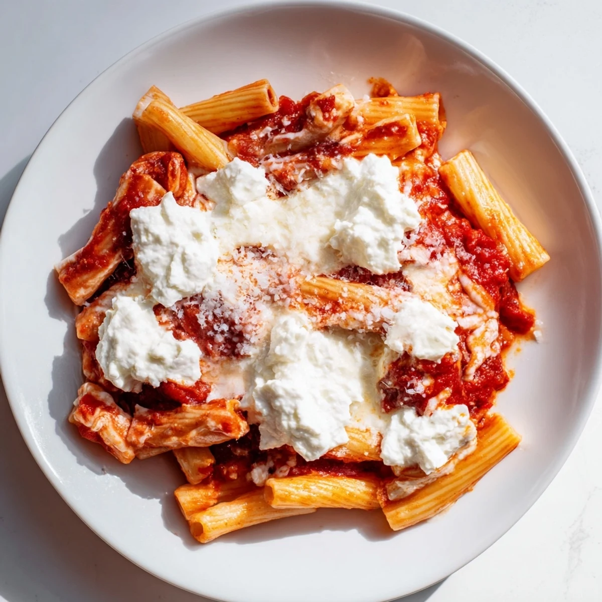Steaming hot slow cooker baked ziti, bubbling with melted cheese and rich tomato sauce, ready to serve.