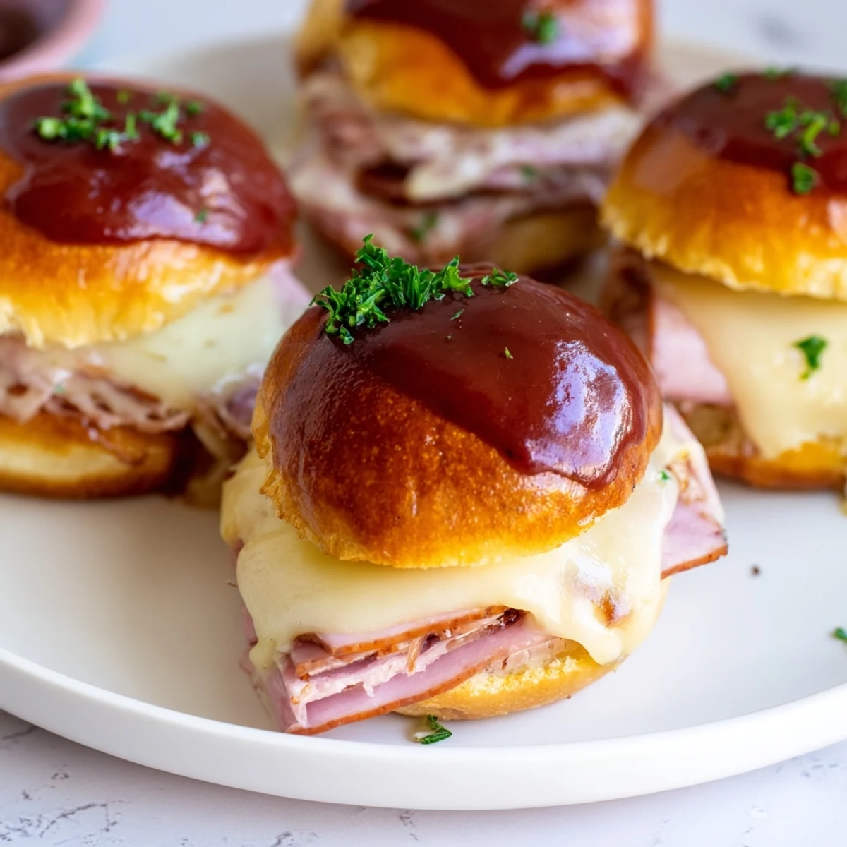 Warm, savory cherry-glazed ham and cheese slider mashup, perfect for a family dinner or party appetizer.