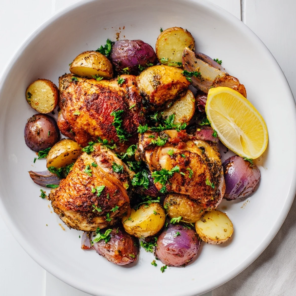 Golden, crispy Sheet Pan Zaatar Chicken with roasted potatoes, offering a flavorful, easy weeknight dinner.