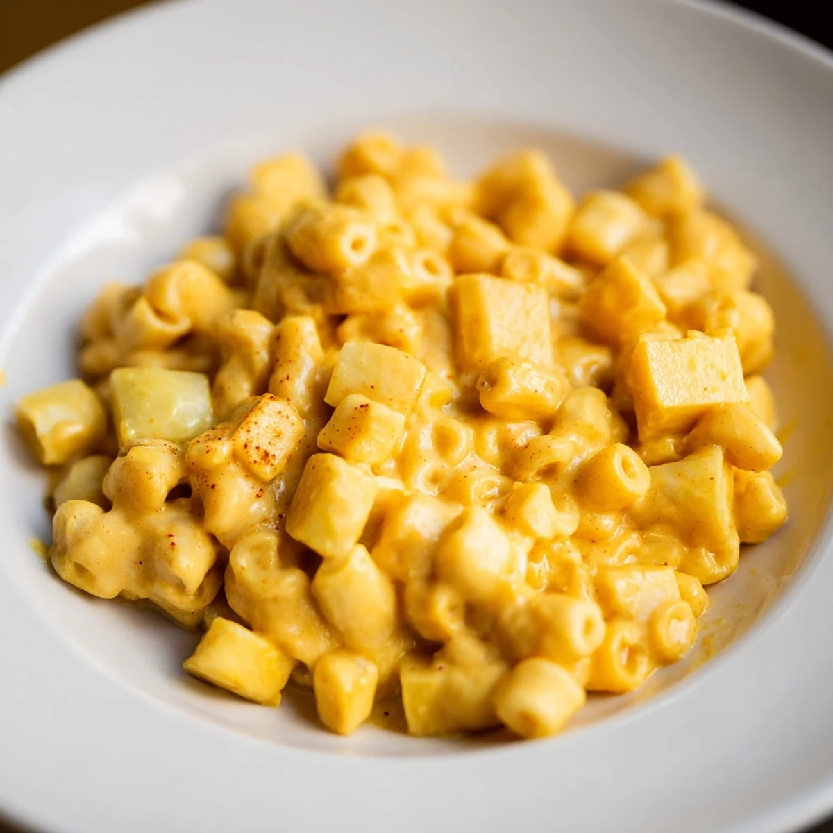 Creamy one-pot butternut squash mac & cheese, topped with melted cheddar, ready to eat.