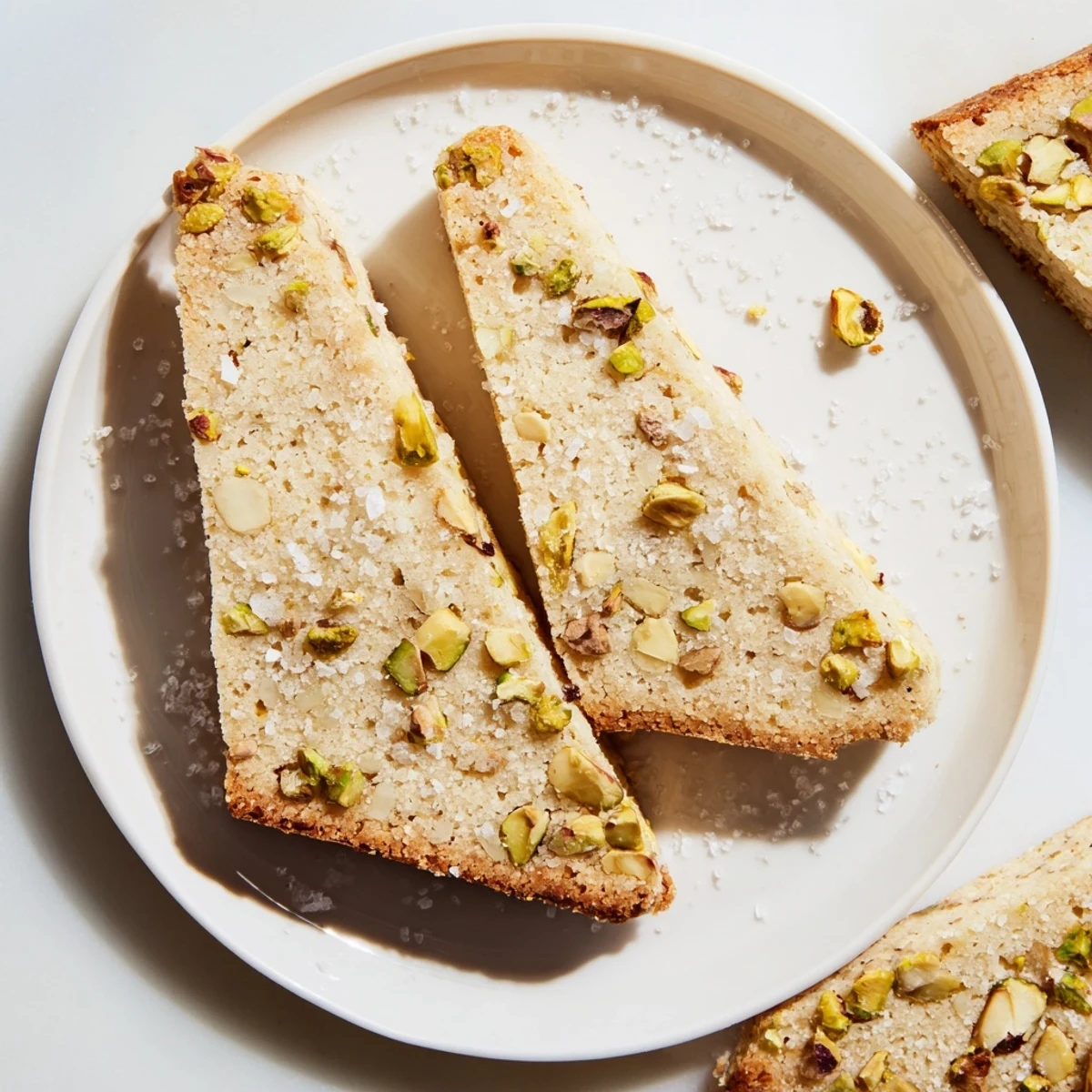 Golden-brown Salted Pistachio Slice & Bake Shortbread cookies, perfectly textured with flaky sea salt.