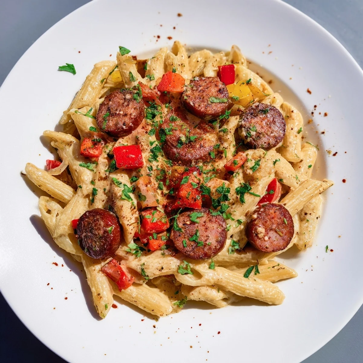 A comforting bowl of Smoked Sausage Cajun Alfredo over penne, smelling of rich spices and herbs.