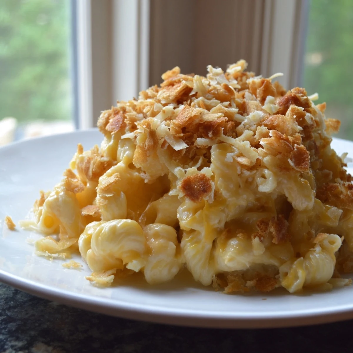 Golden, bubbly Old-Fashioned Baked Mac & Cheese with a crispy breadcrumb topping, perfect for dinner.