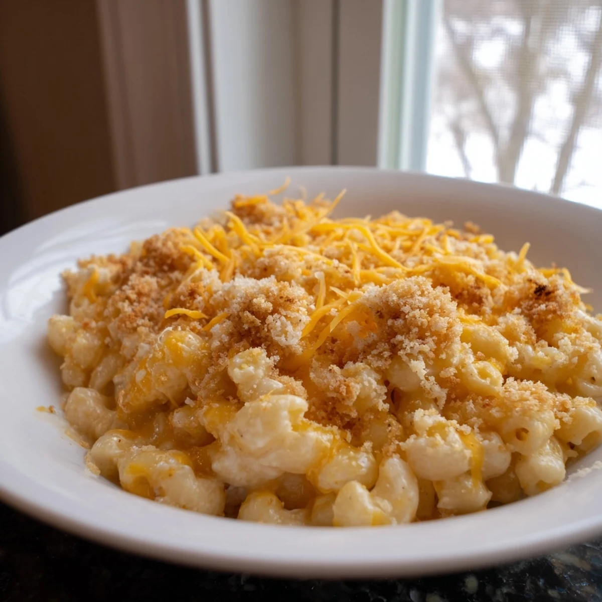 This Old-Fashioned Baked Mac & Cheese features creamy cheese sauce enveloping tender elbow macaroni.