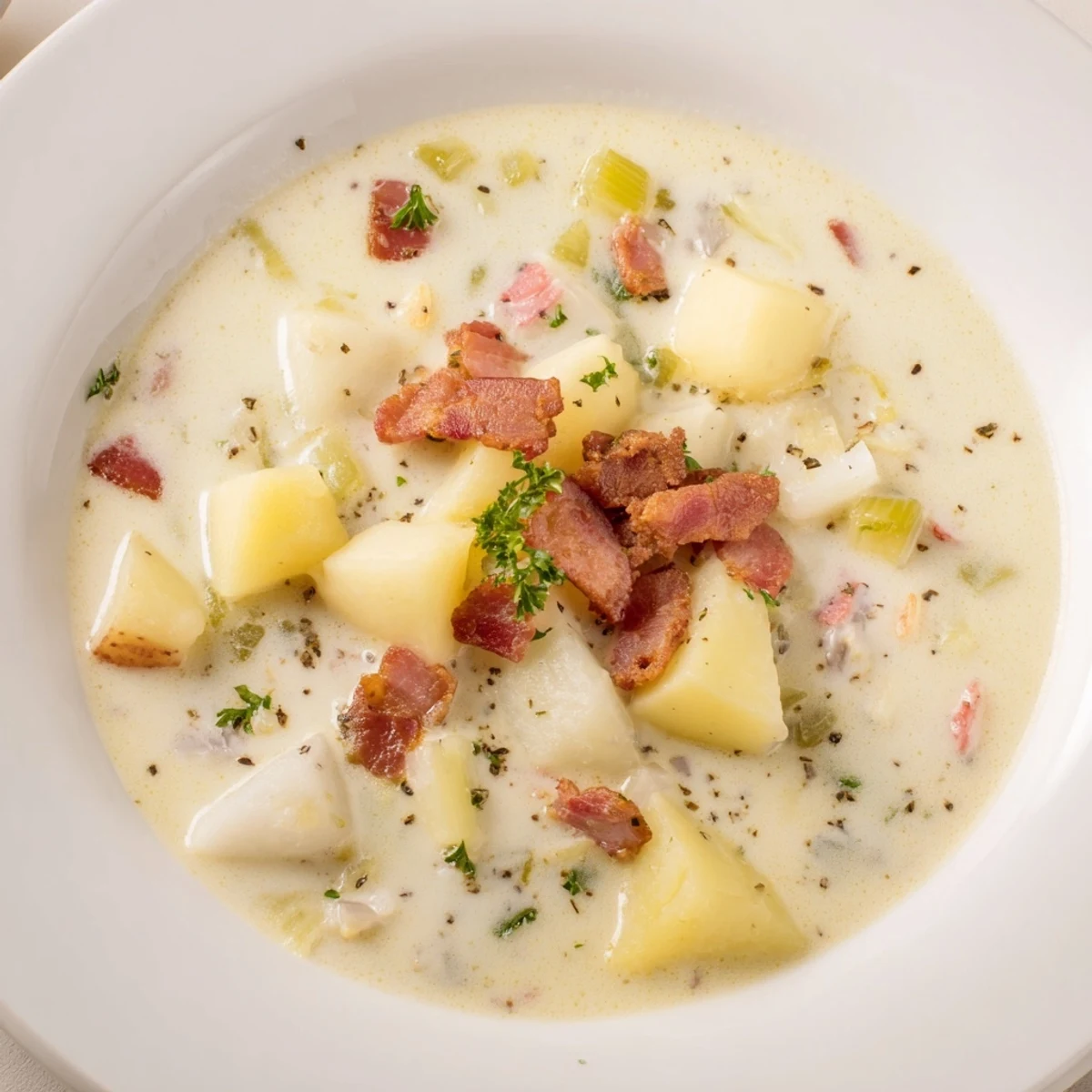 Steaming bowl of New England Clam Chowder, creamy and packed with bacon and tender clams.