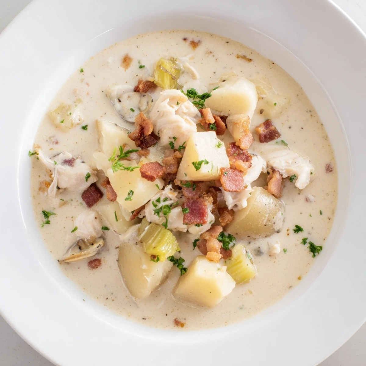 A close-up of a flavorful serving of New England Clam Chowder, garnished with fresh parsley and bacon.