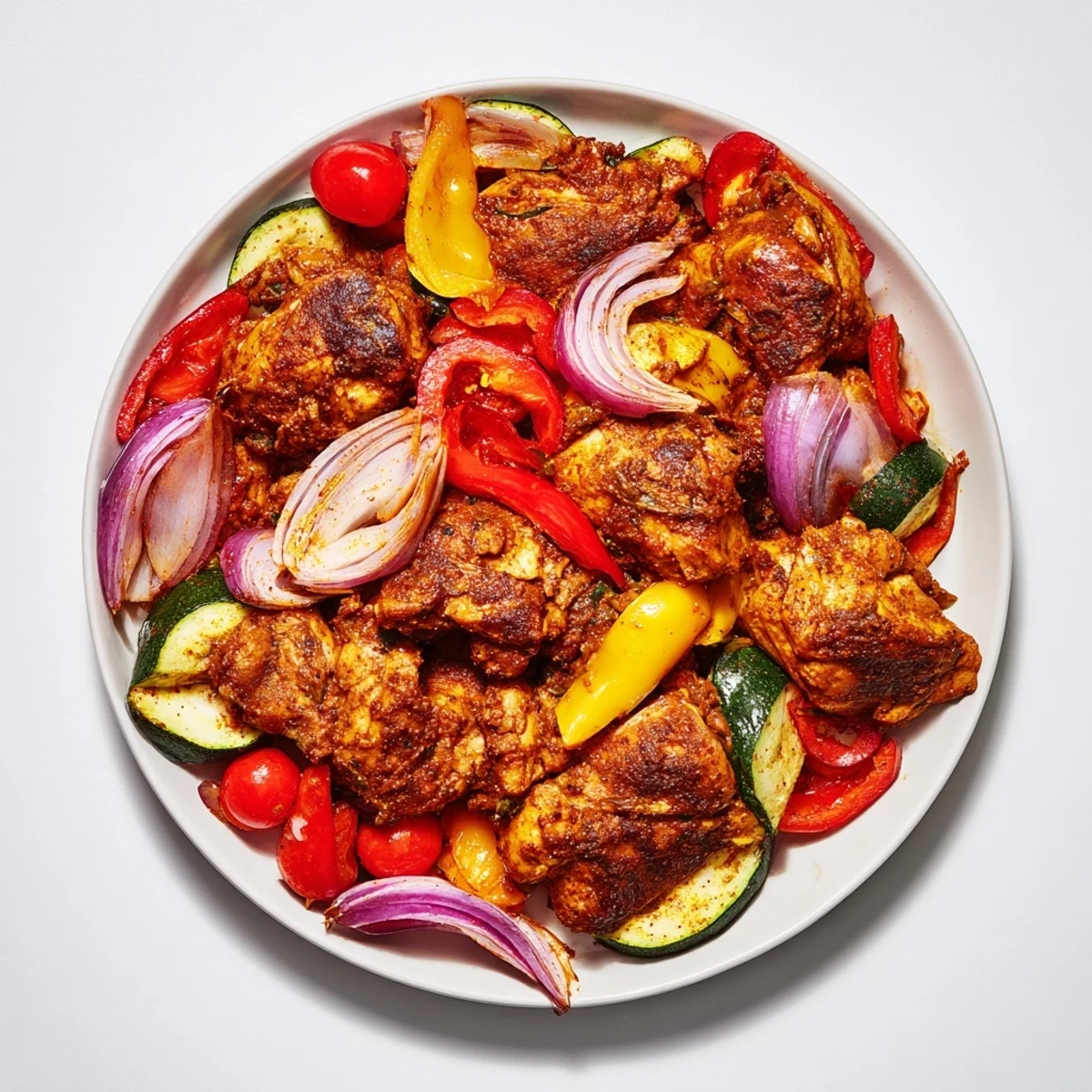 A close-up shot of sheet pan chicken shawarma with vibrant vegetables, perfectly seasoned and cooked to tender perfection.