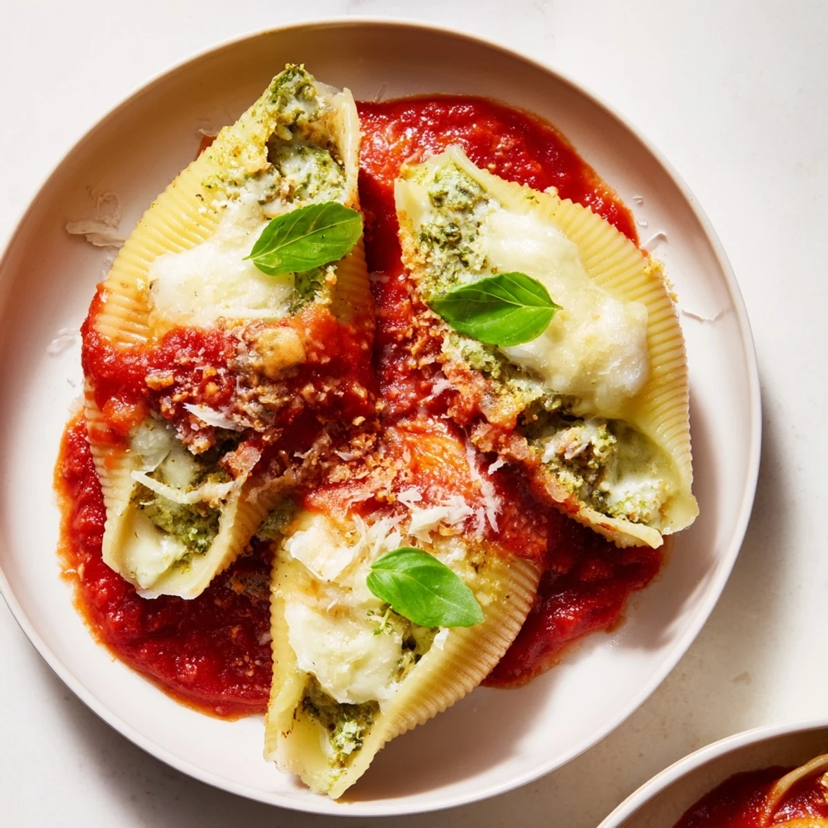 A close-up of pesto and ricotta stuffed shells overflowing with creamy filling, perfect for dinner.
