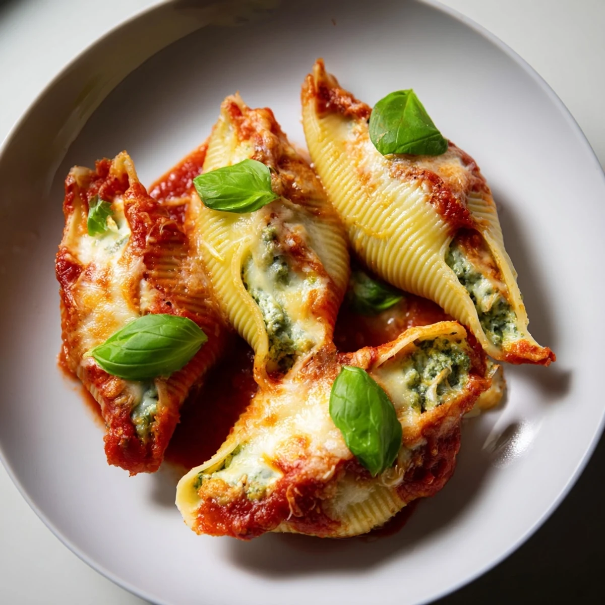 Baked pesto and ricotta stuffed shells, beautifully arranged with melted cheese and fresh basil garnish.