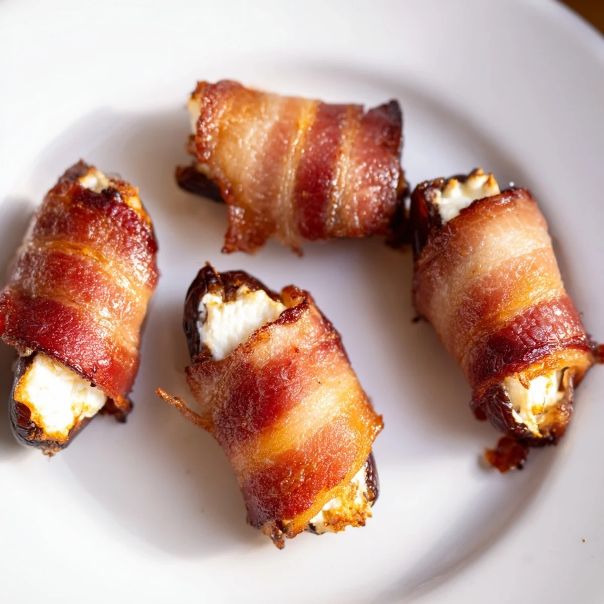 A plate of savory bacon-wrapped dates bursting with creamy goat cheese, ready to be enjoyed.