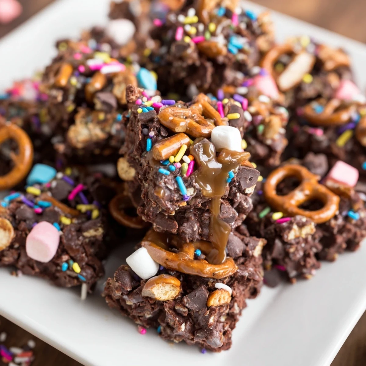 Chaos Chocolate Cake Bites, a colorful treat featuring sprinkles and gooey marshmallows, ready to eat.