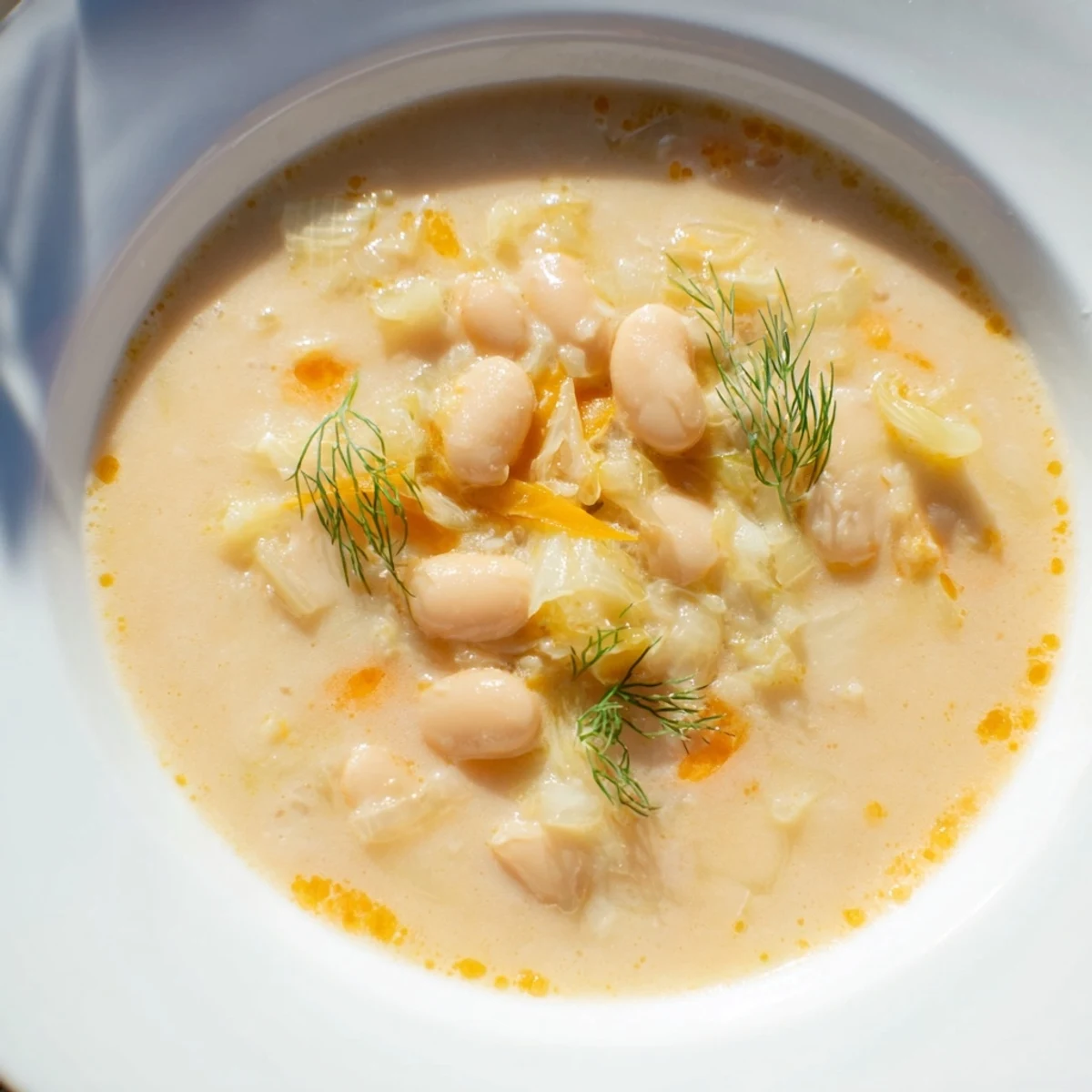 Steaming bowl of flavorful Simple White Bean and Fennel Soup, drizzled with olive oil and fresh fennel.