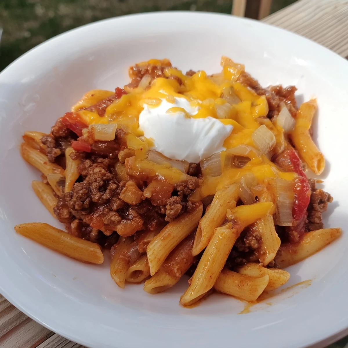 Easy Beef Enchilada Pasta, the comforting pasta dish, topped with melted cheddar, ready to serve.