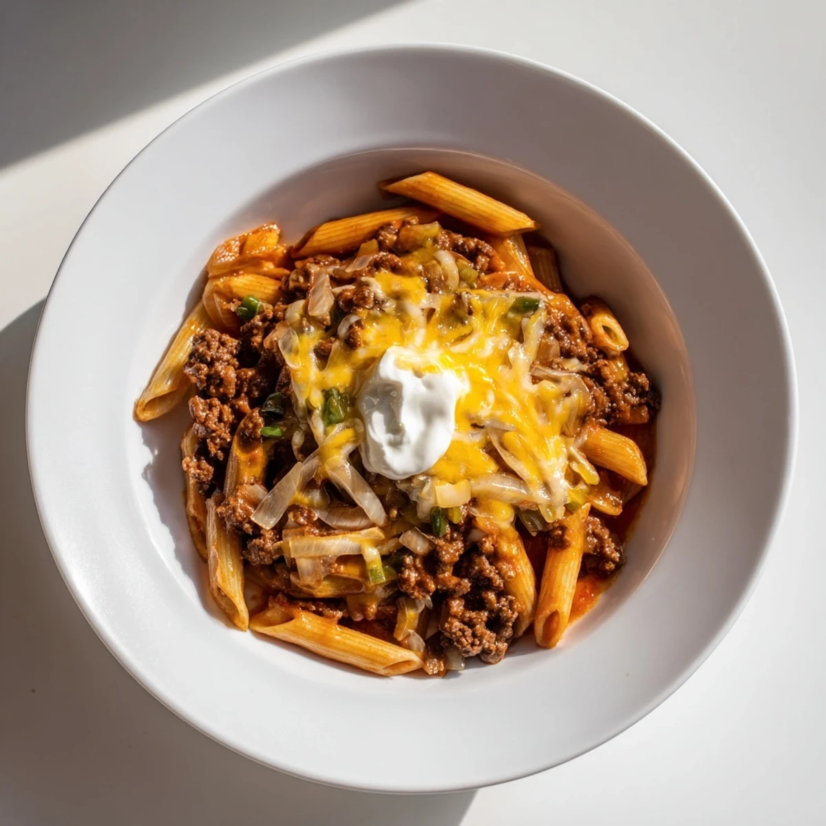 Creamy Easy Beef Enchilada Pasta, a one-pot meal, featuring melted cheese and a dollop of sour cream.