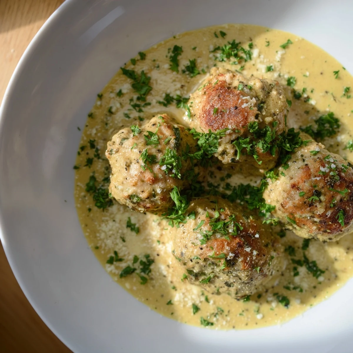 Golden-brown turkey meatballs swimming in a creamy, vibrant pumpkin sage sauce for dinner.