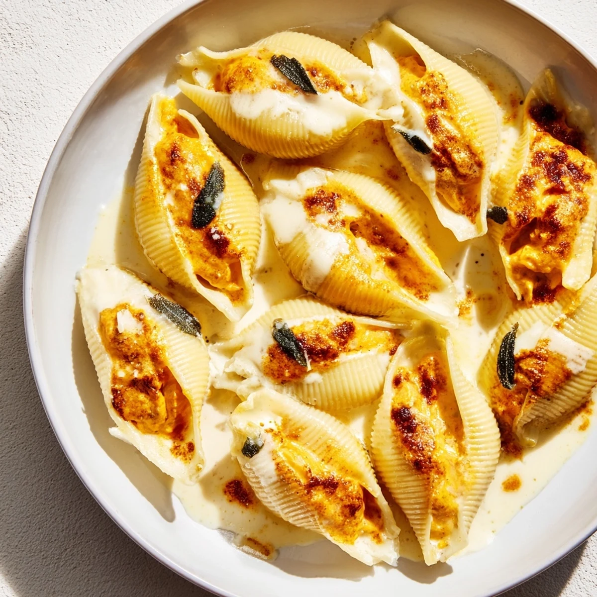 Golden-baked pumpkin & Gouda stuffed shells, bubbling under a rich brown butter sage Alfredo sauce.