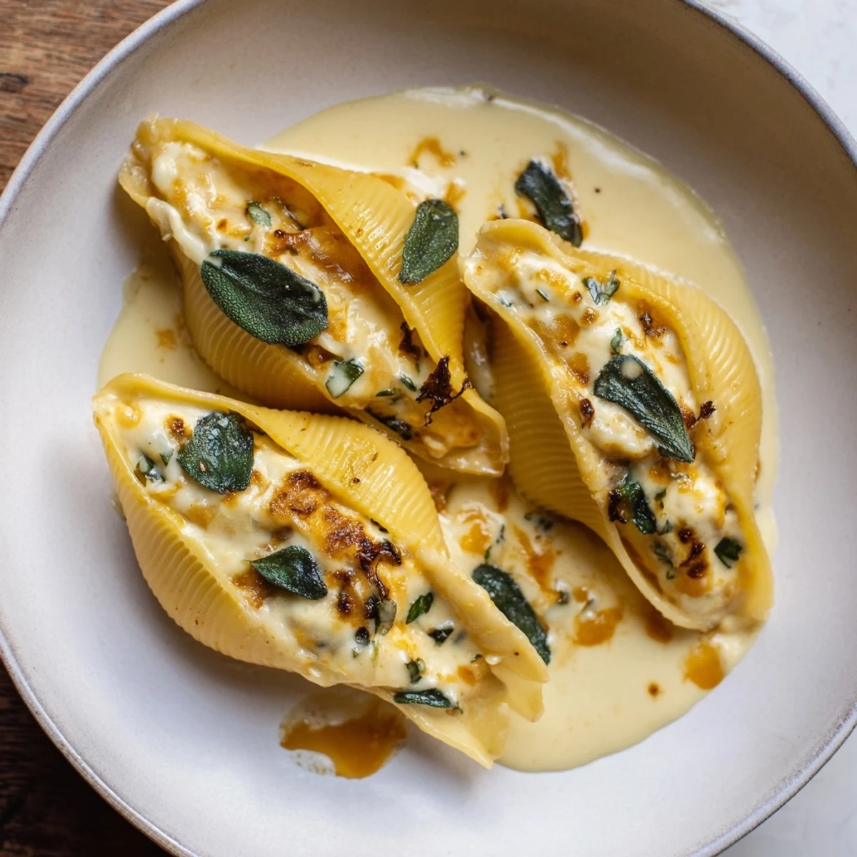 This beautiful photo shows a baking dish of pumpkin & Gouda stuffed shells, ready to serve with sauce.