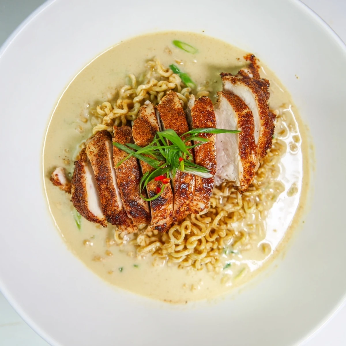 Enjoy a close-up of this Fiery Chicken Ramen, capturing the vibrant colors and rich aromas of the flavorful, spicy dish.