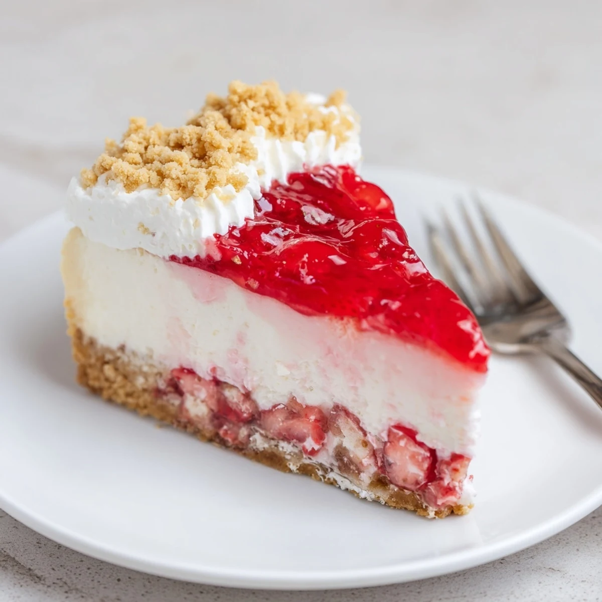 A slice of creamy strawberry shortcake cheesecake shows a vibrant strawberry swirl, inviting!