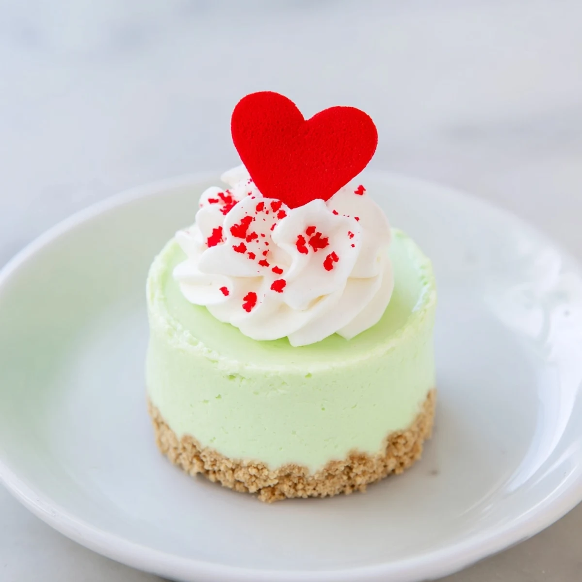 Perfectly portioned Grinch Mini Cheesecakes sit prepared on a plate, ready to delight dessert lovers this Christmas.