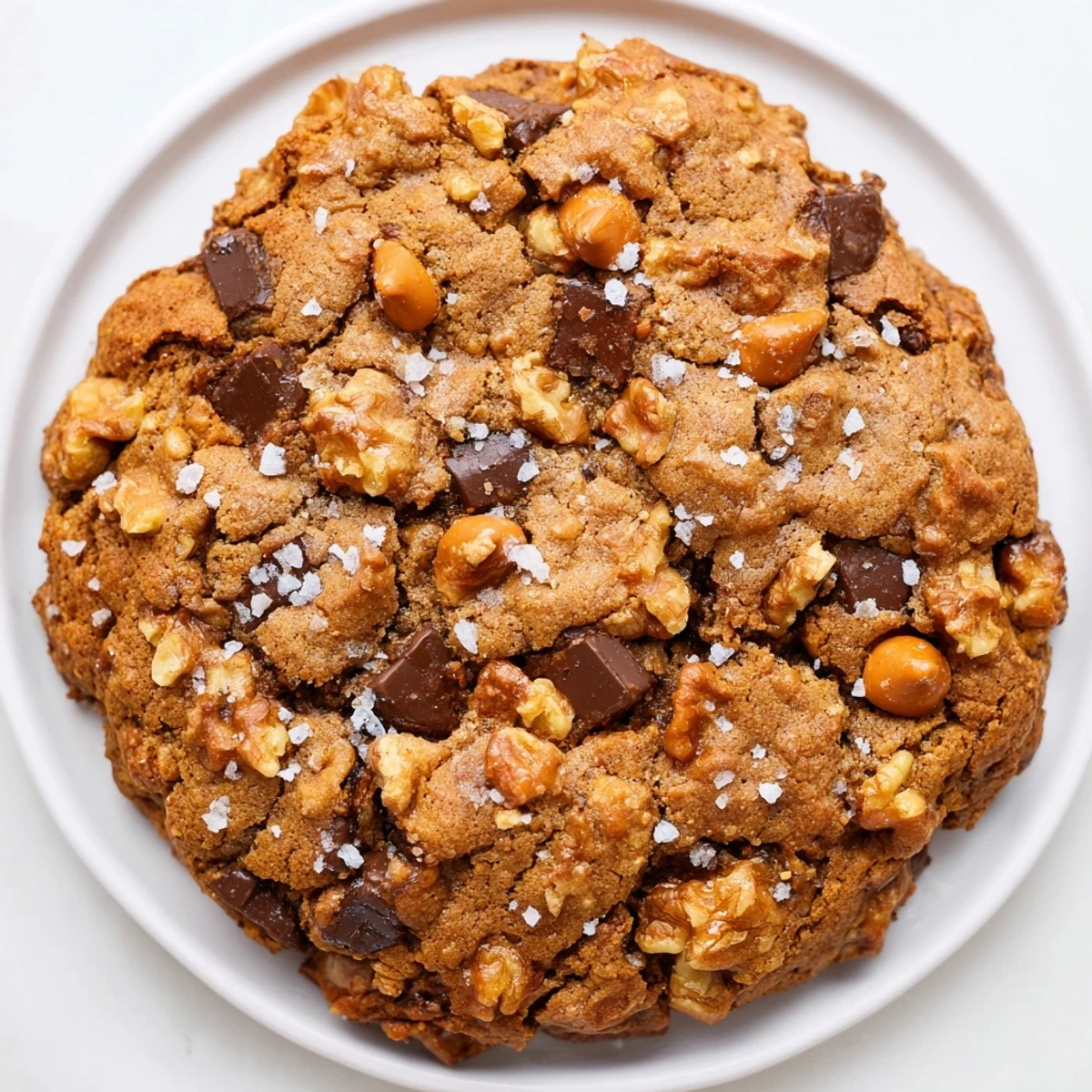 Warm, golden Best Ever Butterscotch Chocolate Chip Cookies with a sprinkle of flaky sea salt.
