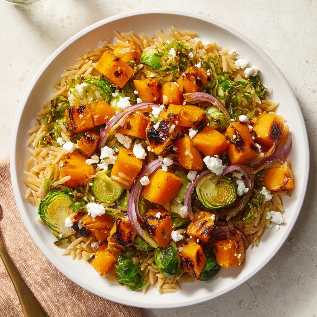 A colorful Best Fall Harvest Orzo Salad with roasted veggies and creamy goat cheese, ready to eat.