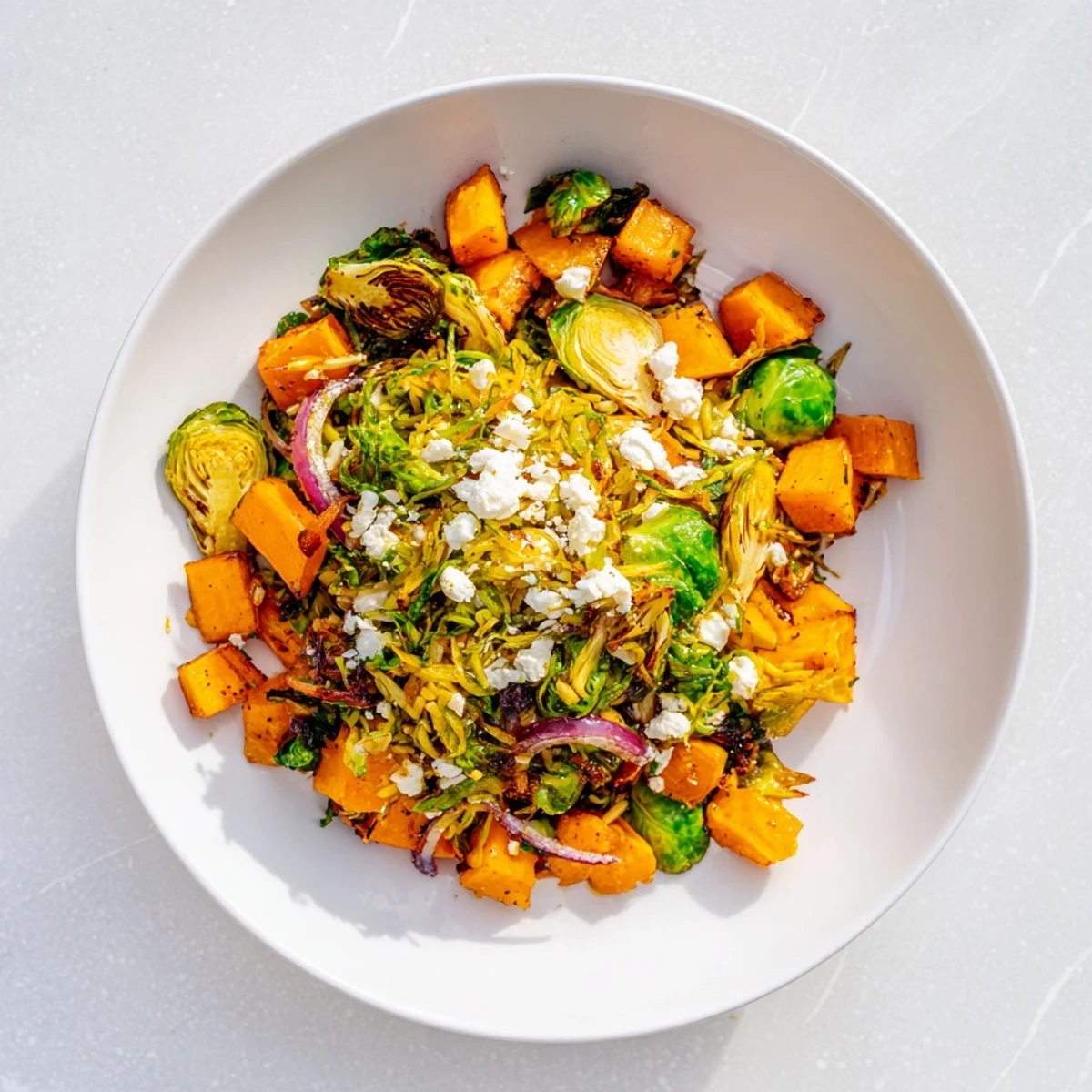 Close-up of Best Fall Harvest Orzo Salad: Autumn colors of squash, sprouts, and goat cheese topping the orzo.