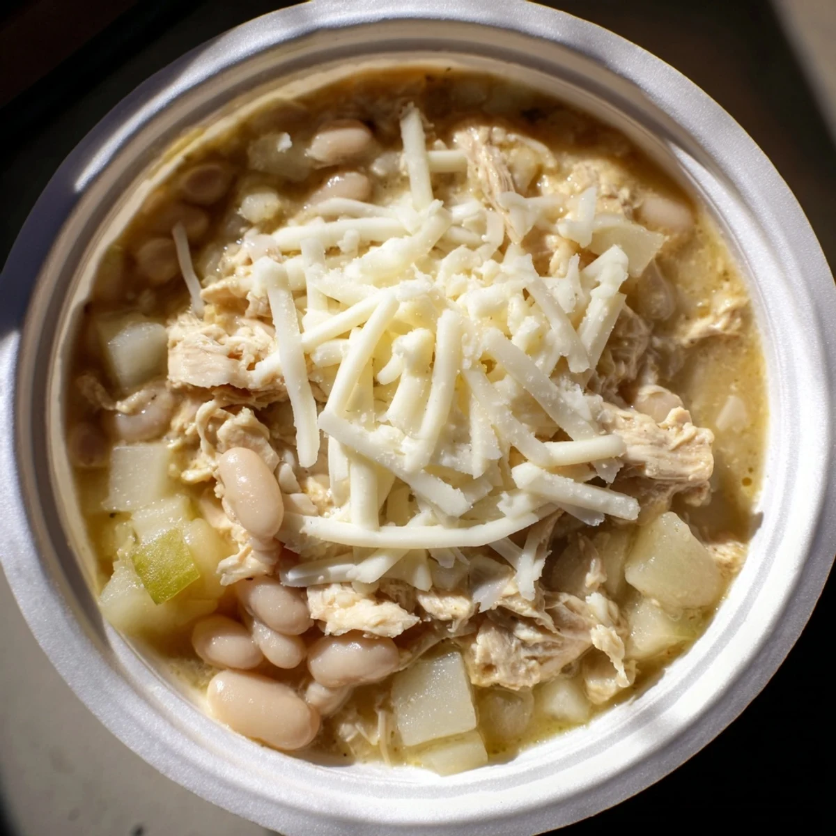 Steaming bowl of 35-Minute White Cheddar Apple Chicken Chili, topped with extra shredded cheddar and diced apples.