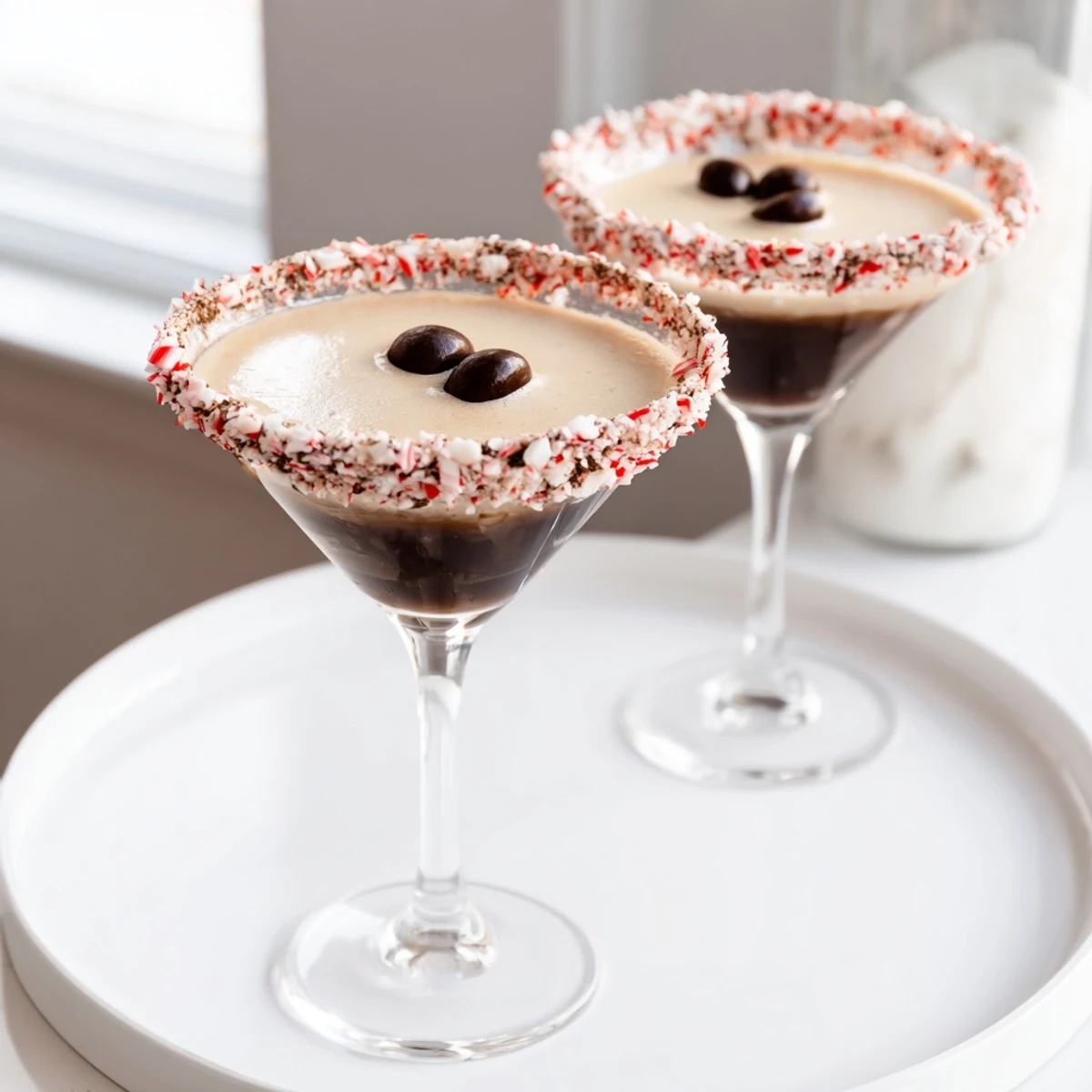 Festive Peppermint Espresso Martini, a creamy cocktail with chocolate rim, ready to sip.