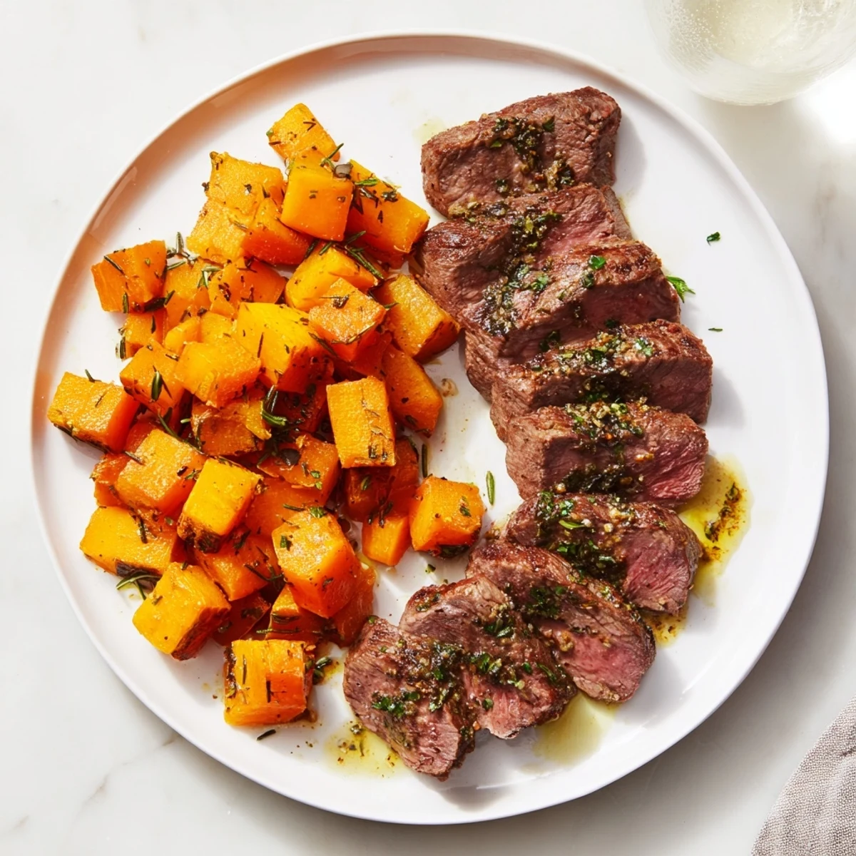 Golden roasted butternut squash and garlic-herb steak bowls, fragrant herbs and savory aromas abound.