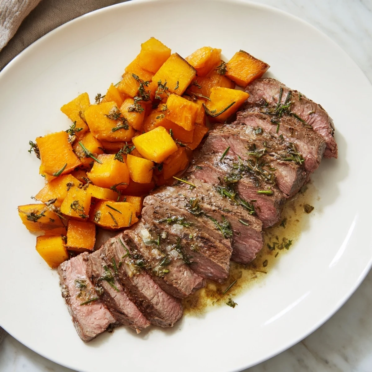 Tender grilled garlic herb steak bowls featuring butternut squash: a hearty, flavorful American main course.