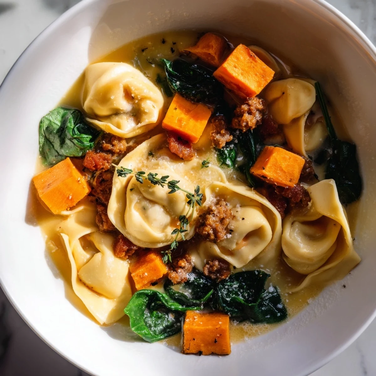 Rich, creamy broth surrounds Italian sausage, sweet potatoes, and tortellini, a perfect creamy soup.