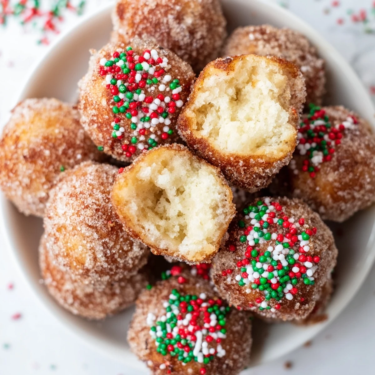 Golden air fryer Christmas donut holes, glistening with butter and festive sprinkles, ready to be enjoyed.