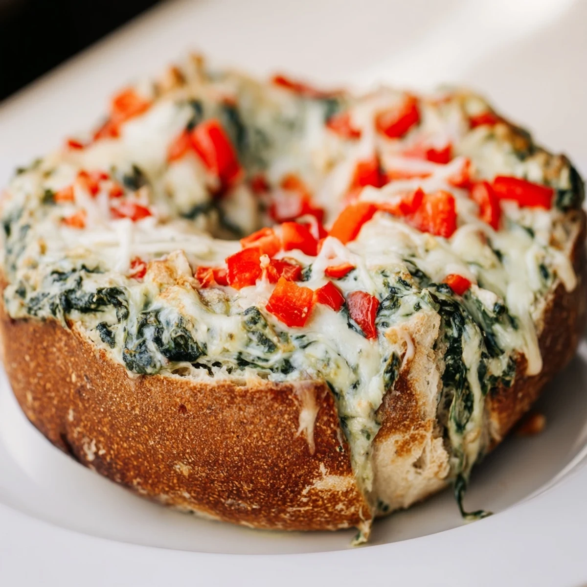 A close-up of a creamy Express Holiday Spinach Dip with vibrant red pepper garnish, ready to serve.