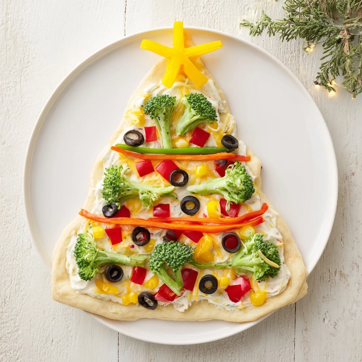 Easy Christmas Tree Veggie Pizza arranged festively with colorful vegetables and cheese, ready to serve.