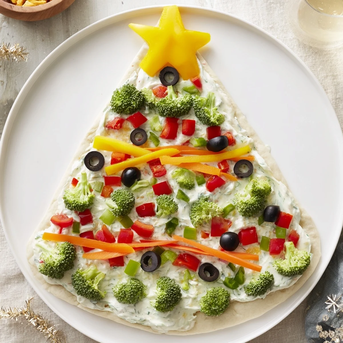 Freshly made, chilled Easy Christmas Tree Veggie Pizza showcasing a delicious array of colorful veggies.