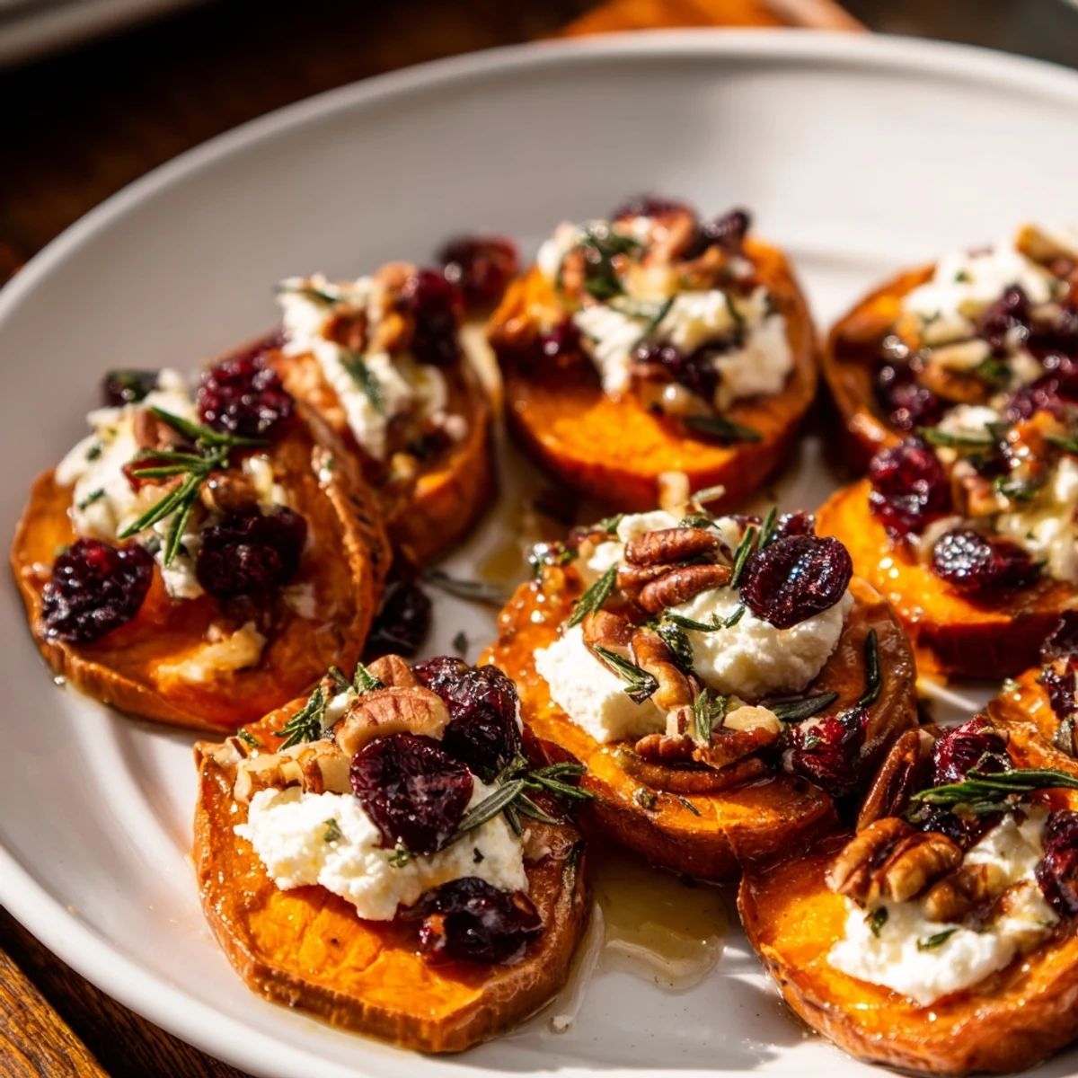 Warm and flavorful Express Holiday Sweet Potato Rounds with a drizzle of honey, ready to serve.