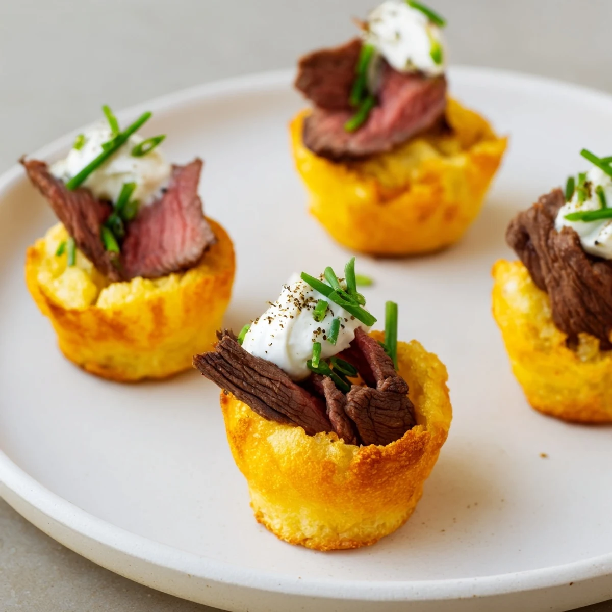 Crispy and savory Express Holiday Yorkshire Pudding Bites, topped with flavorful roast beef and fresh chives, a great bite!