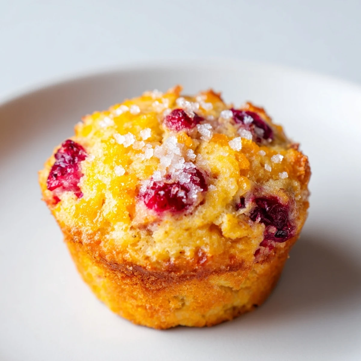 Golden-topped quick festive cranberry orange muffins with scattered coarse sugar and fresh orange zest.