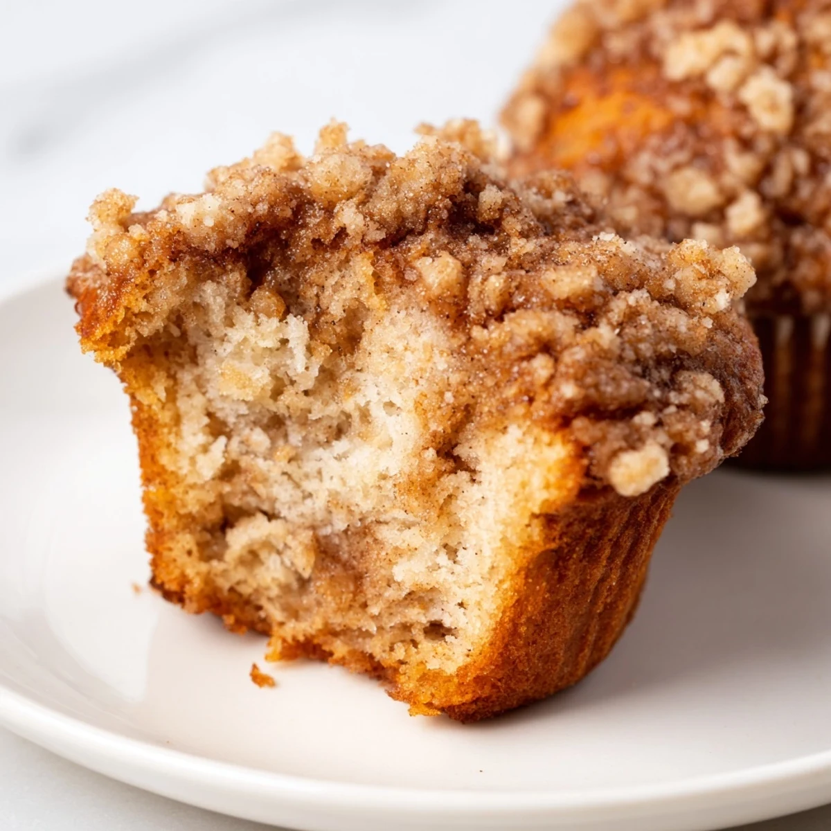 Golden-brown Lightened Christmas Coffee Cake Muffins, baked to perfection, with a crumbly streusel topping, delicious.