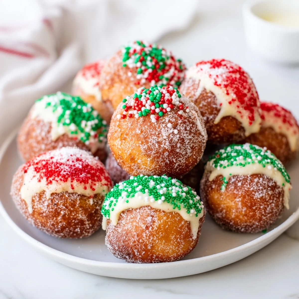 Air Fryer Christmas Donut Holes are golden brown and coated in cinnamon sugar and festive sprinkles.