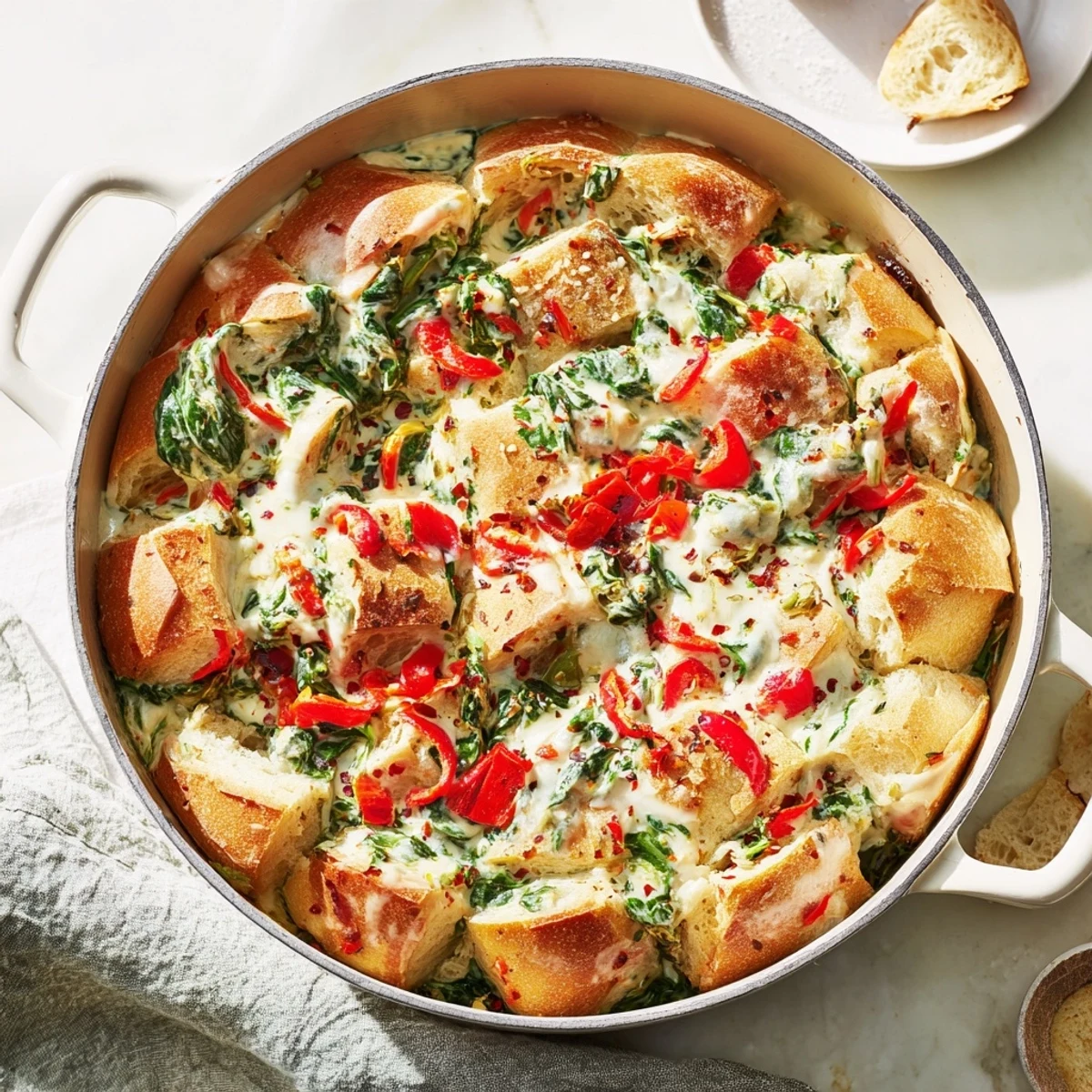 Creamy, cheesy Holiday Spinach Dip Bread Bowl with a crispy bread crust, perfect for sharing.