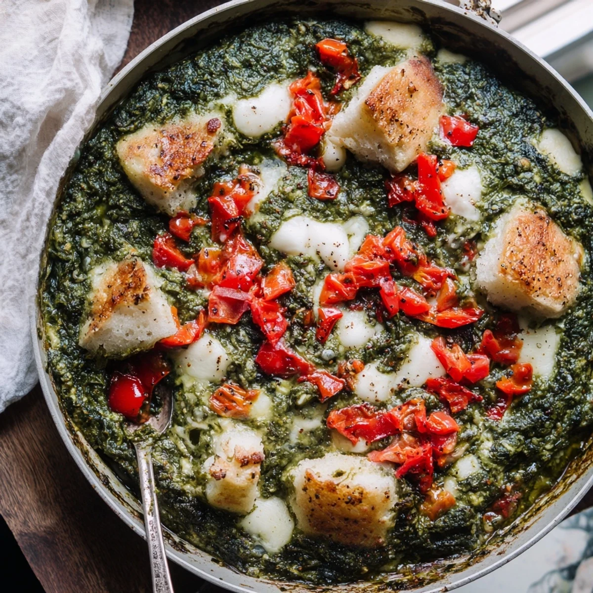 A warm, bubbly Holiday Spinach Dip Bread Bowl, ready to scoop with sourdough or crackers.
