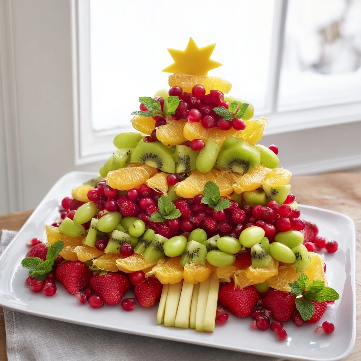 Vibrant Christmas Tree Fruit Platter with sweet strawberries and kiwi, ready to enjoy.
