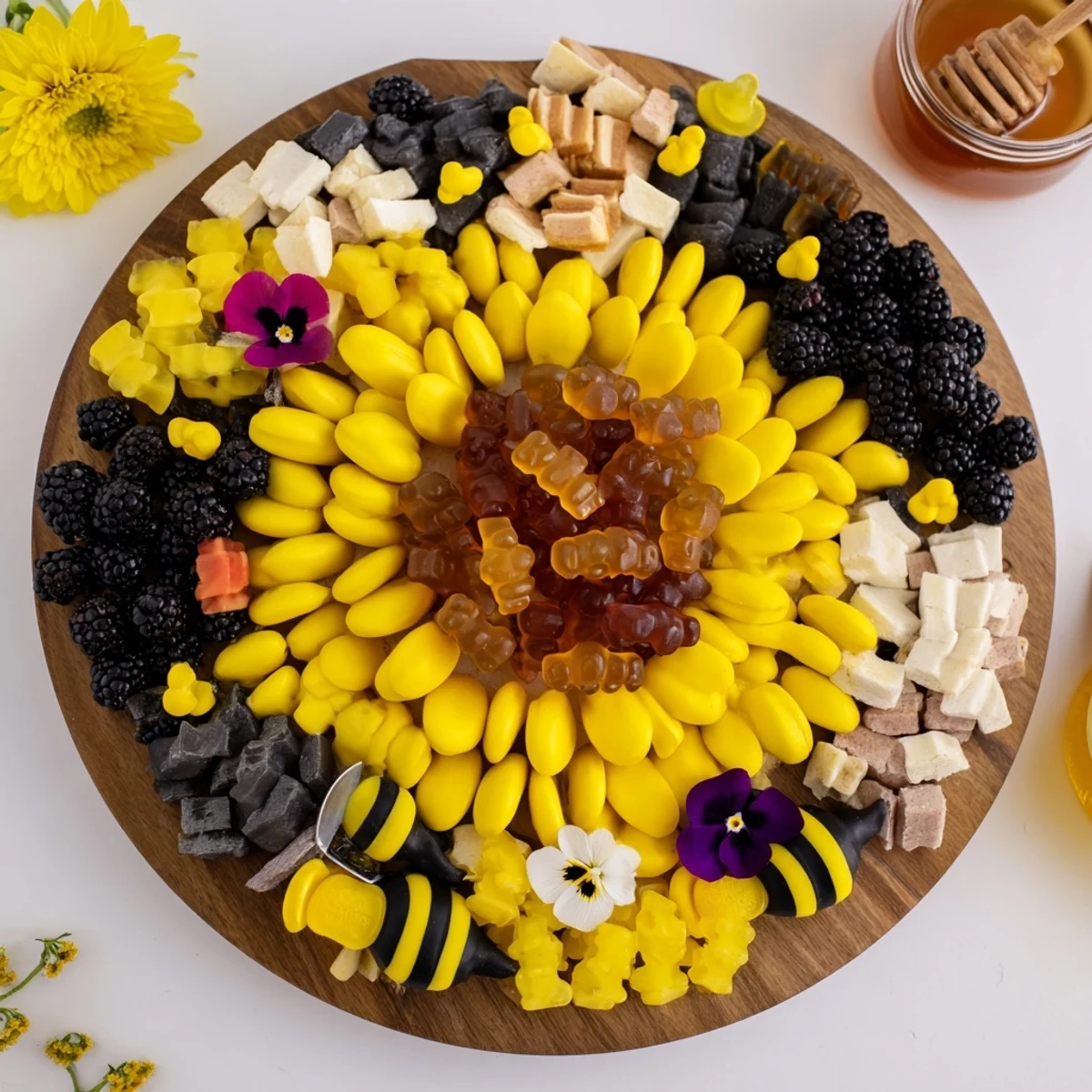 This Bumblebee Candy Board presents an inviting array of yellow, black, and sweet treats.