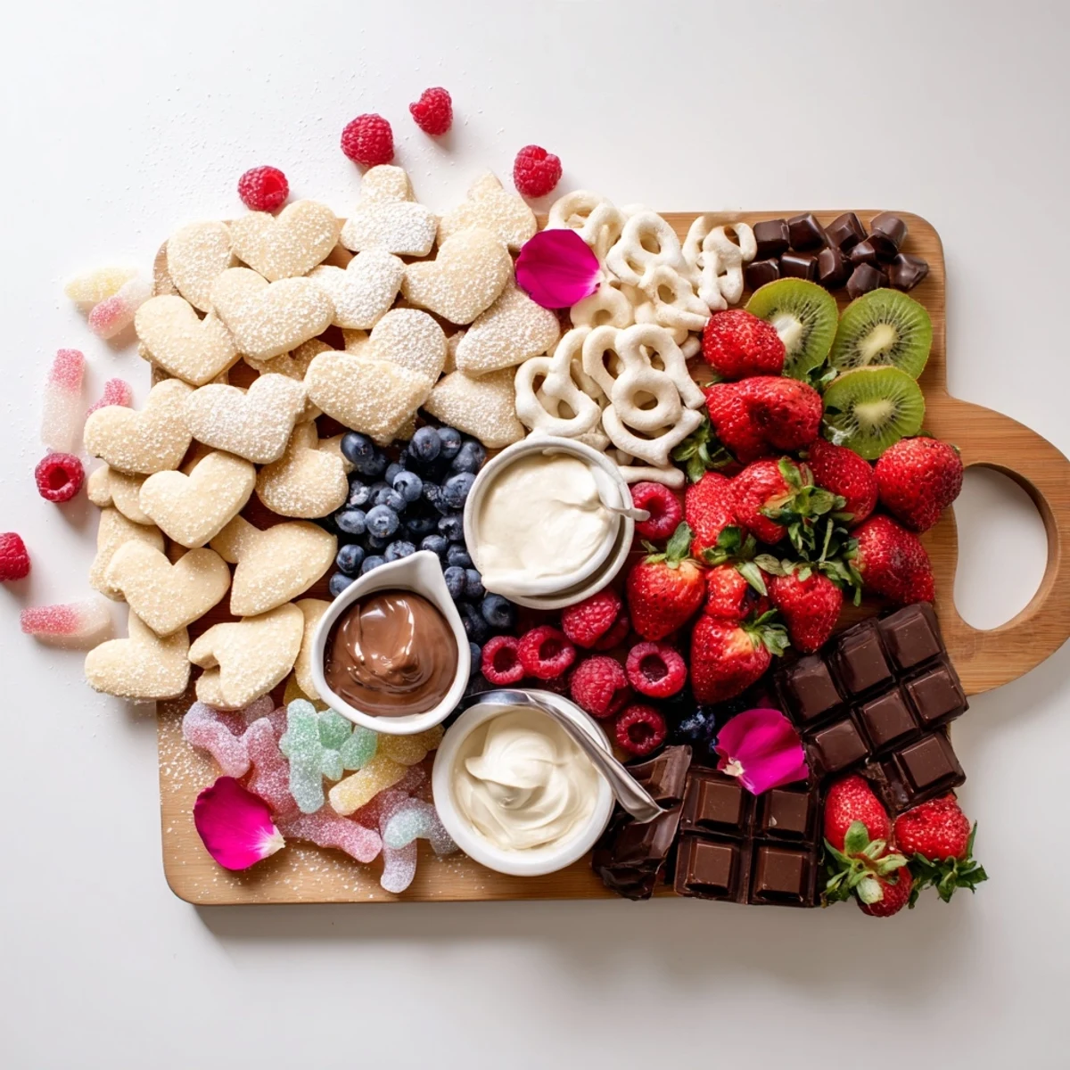 A beautifully arranged Love Letter Dessert Board with fresh berries and decadent chocolates.