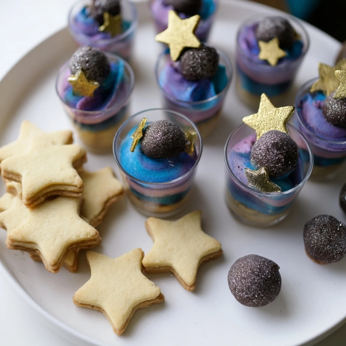 A Stargazers Dessert Platter brimming with lemon shortbread stars, galaxy mousse, and chocolate comet truffles.