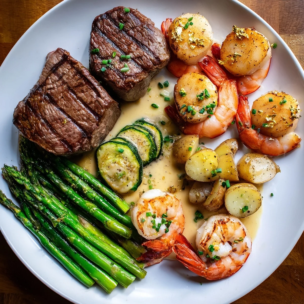 Golden Heart Luxury Platter showcases seared filet mignon and scallops, artfully arranged on an elegant platter.