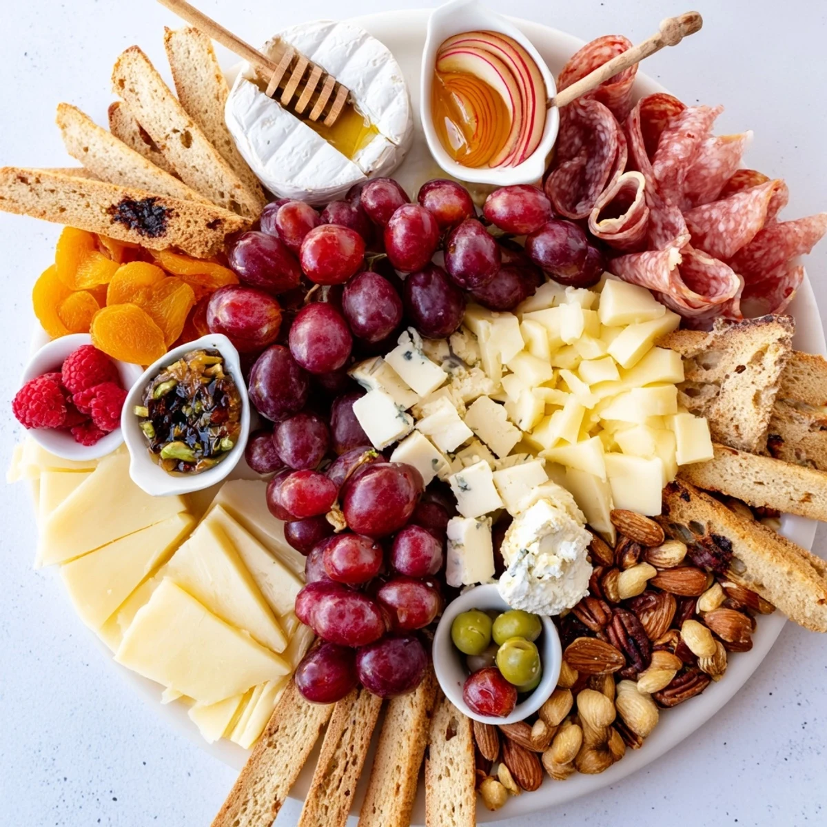 A Lace & Pearls Elegant Board; a beautifully arranged appetizer with colorful fruits, cheeses, meats, and crackers.