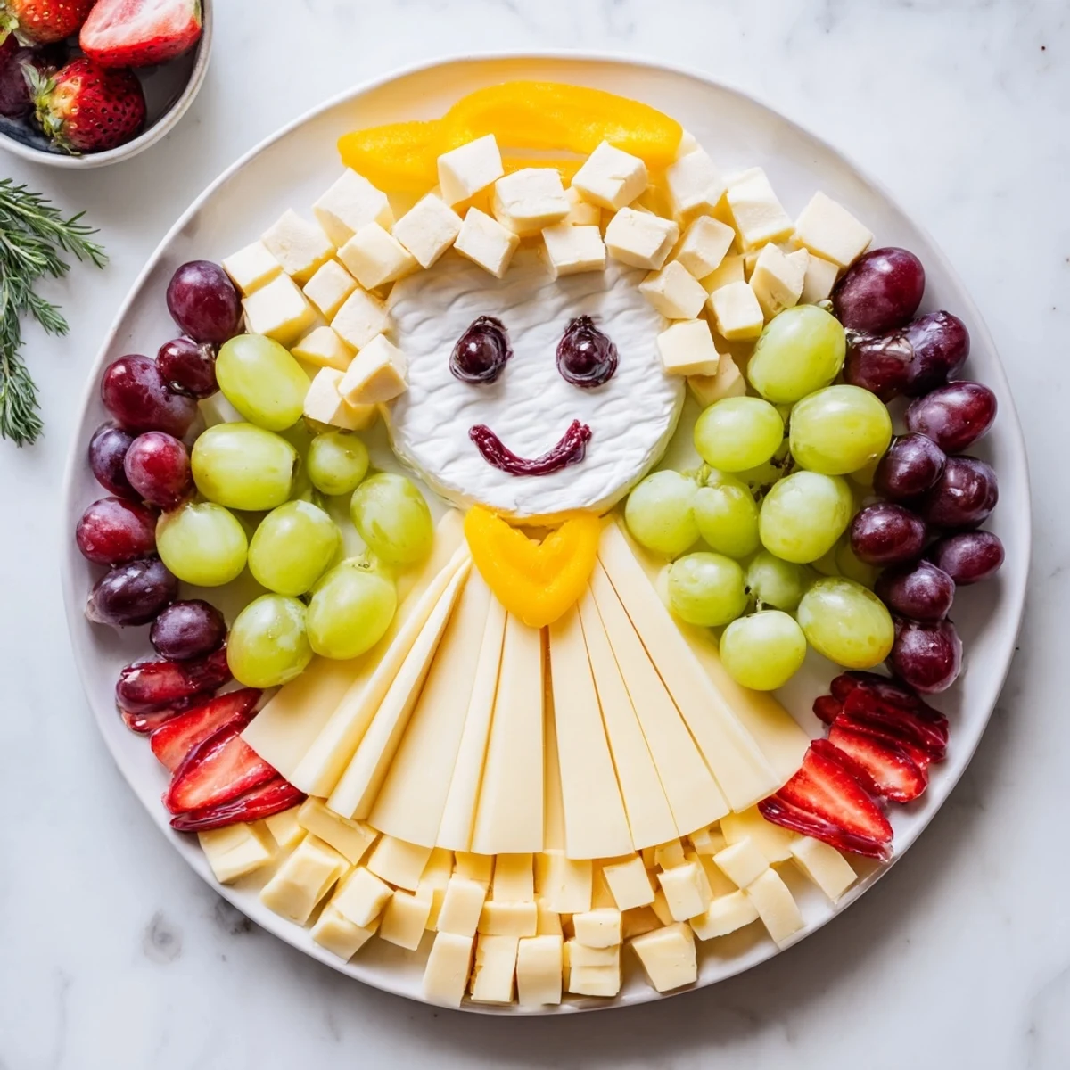 Vibrant Cherub Angel Snack Tray featuring grapes and strawberries, perfect for party appetizers.